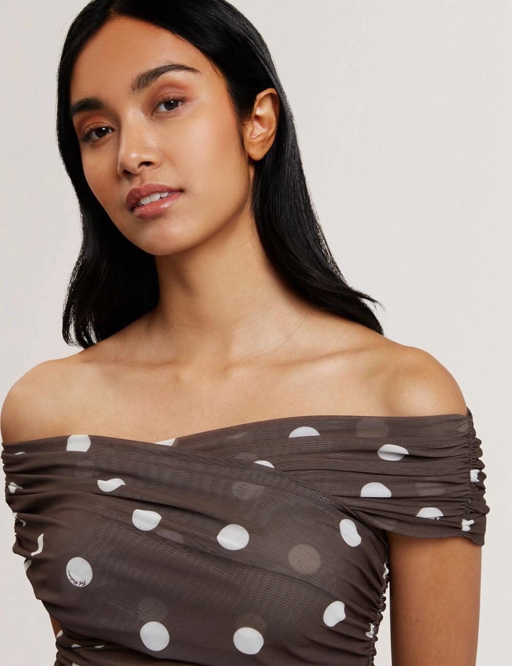 Ted Baker ZAAMO - Off-the-Shoulder Polka Dot Mesh Topjes Dames Bruin | NPOM-67923