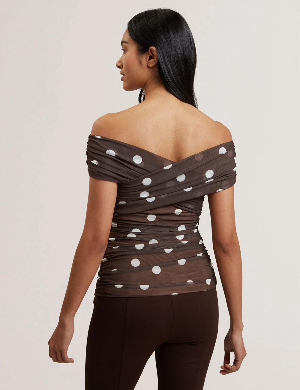 Ted Baker ZAAMO - Off-the-Shoulder Polka Dot Mesh Topjes Dames Bruin | NPOM-67923