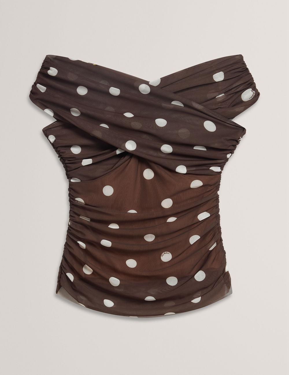 Ted Baker ZAAMO - Off-the-Shoulder Polka Dot Mesh Topjes Dames Bruin | NPOM-67923