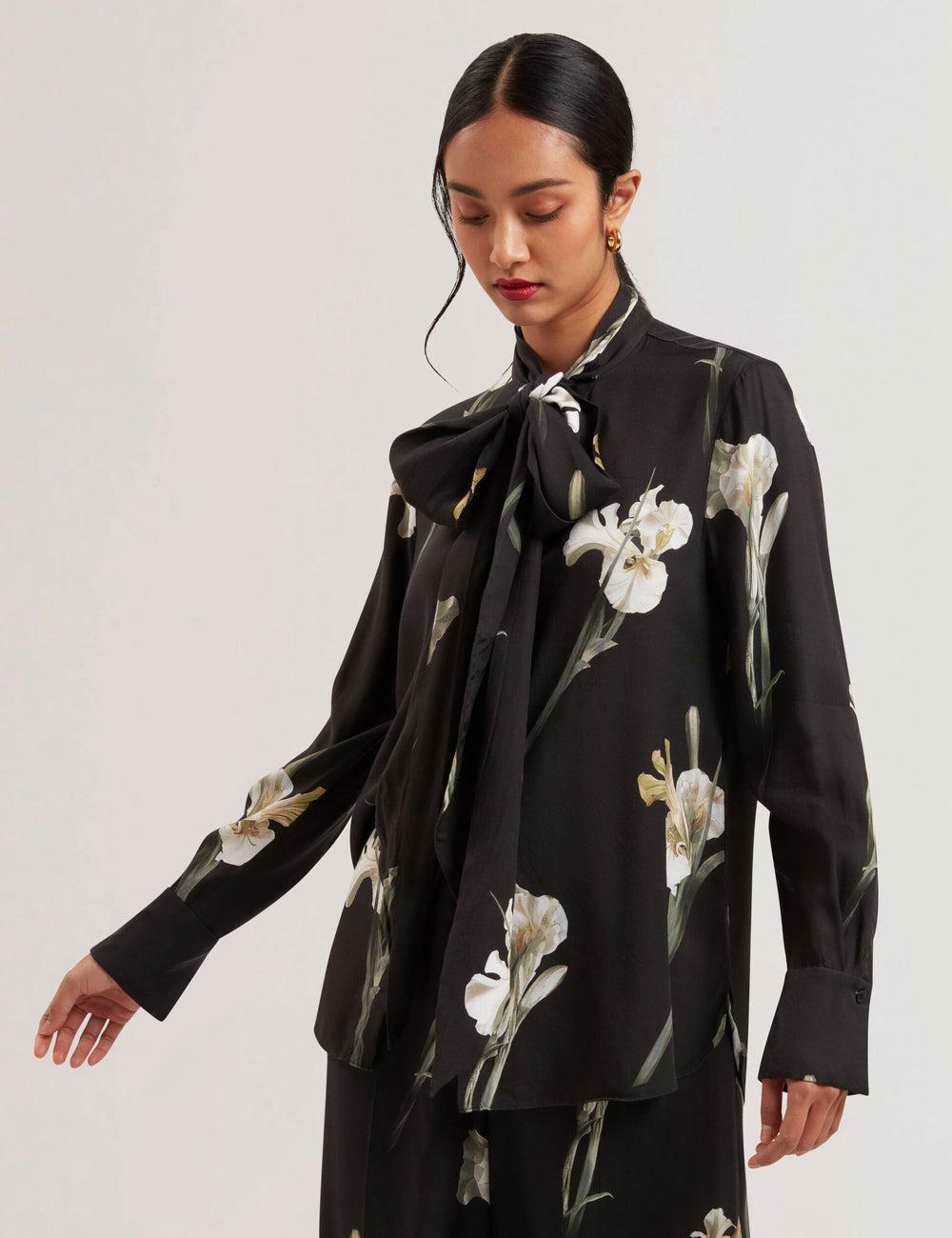Ted Baker ZAKIIER - Neck Floral Print Long Sleeve Blouse Dames Zwart | VSOX-70493