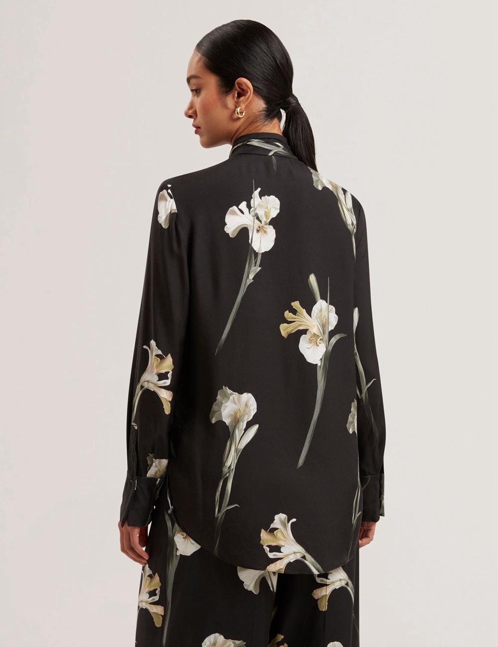 Ted Baker ZAKIIER - Neck Floral Print Long Sleeve Blouse Dames Zwart | VSOX-70493