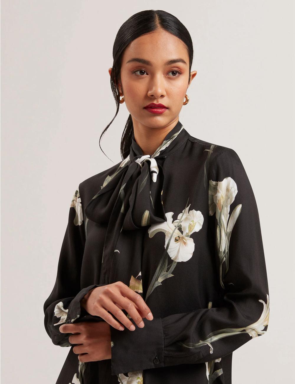 Ted Baker ZAKIIER - Neck Floral Print Long Sleeve Blouse Dames Zwart | VSOX-70493