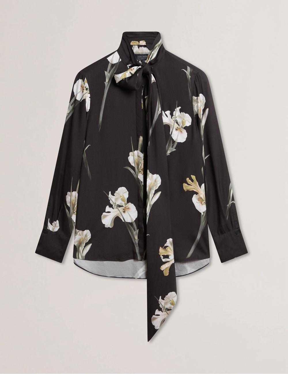 Ted Baker ZAKIIER - Neck Floral Print Long Sleeve Blouse Dames Zwart | VSOX-70493