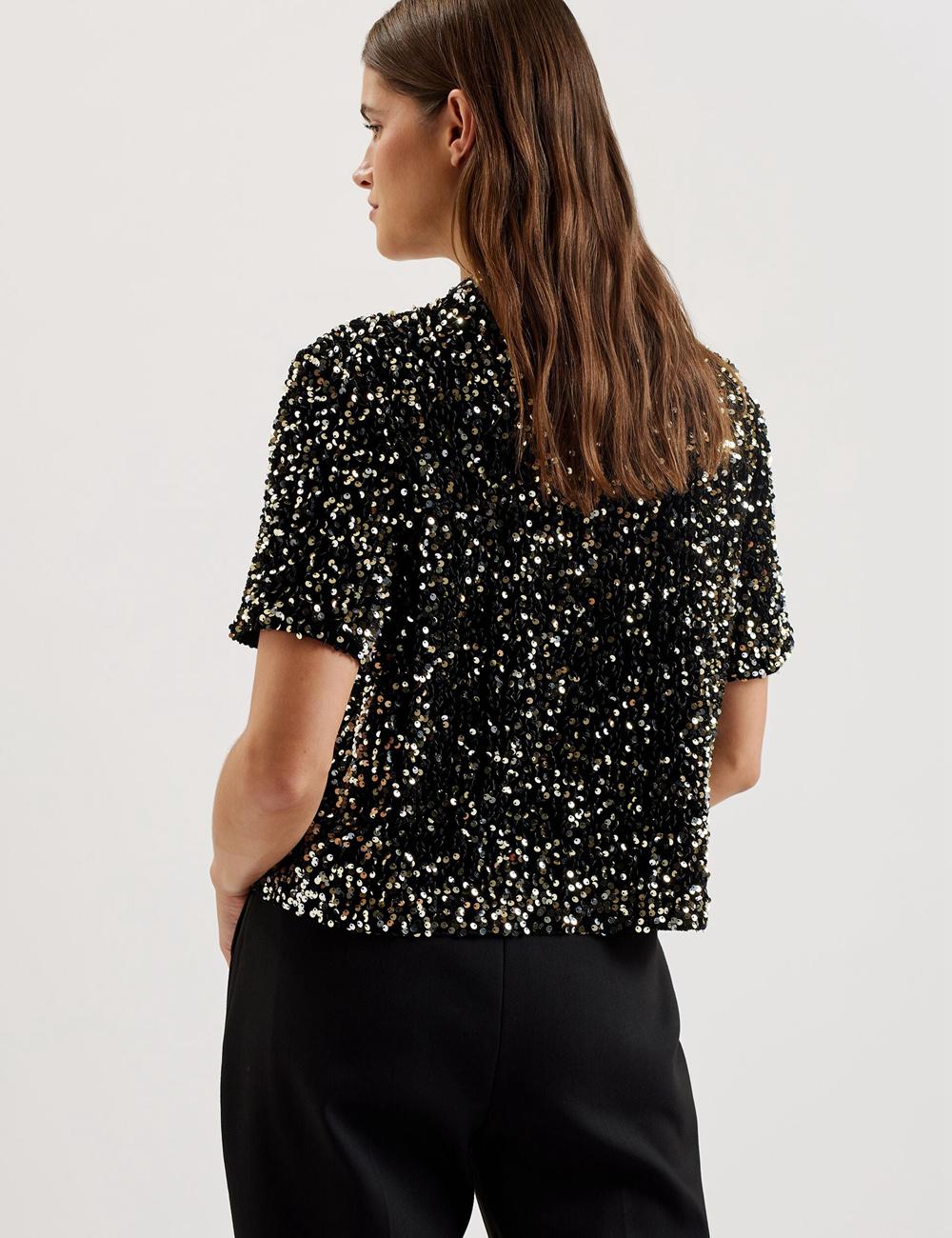 Ted Baker ZARHAAA - Sequined Velvet Short Sleeve Top Overhemd Dames Zwart | ZDQM-97380