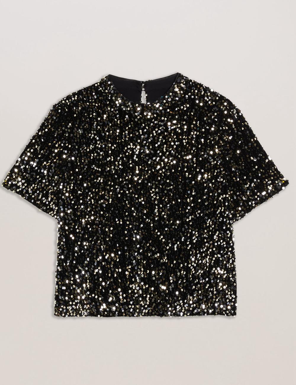 Ted Baker ZARHAAA - Sequined Velvet Short Sleeve Top Overhemd Dames Zwart | ZDQM-97380