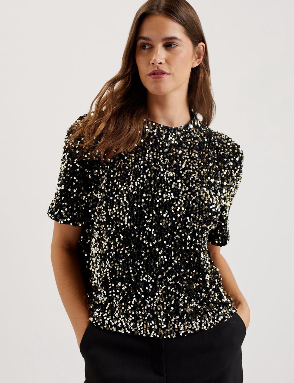 Ted Baker ZARHAAA - Sequined Velvet Short Sleeve Top Overhemd Dames Zwart | ZDQM-97380